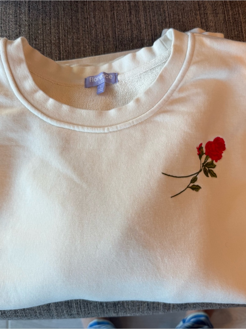 Florence Cream Crewneck Sweatshirt with Red Rose Embroidery